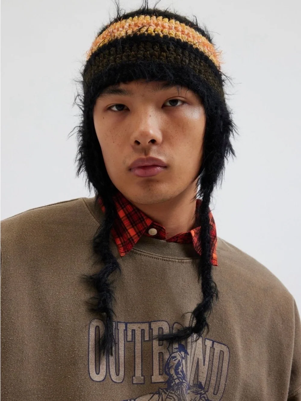 Urban outfitters Beanie with Orange Stripe and ties UNISEX